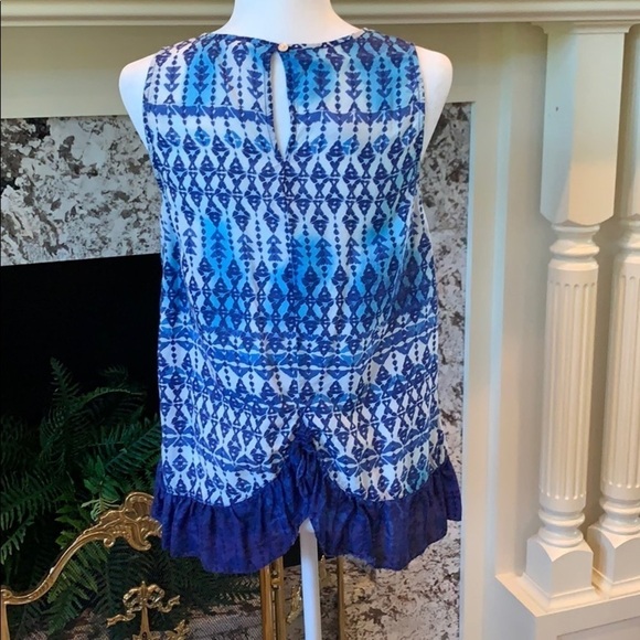 BLL‎ Blue Geometric Print Top w/Bottom Ruffle & Split Hem Detail S - Picture 4 of 10